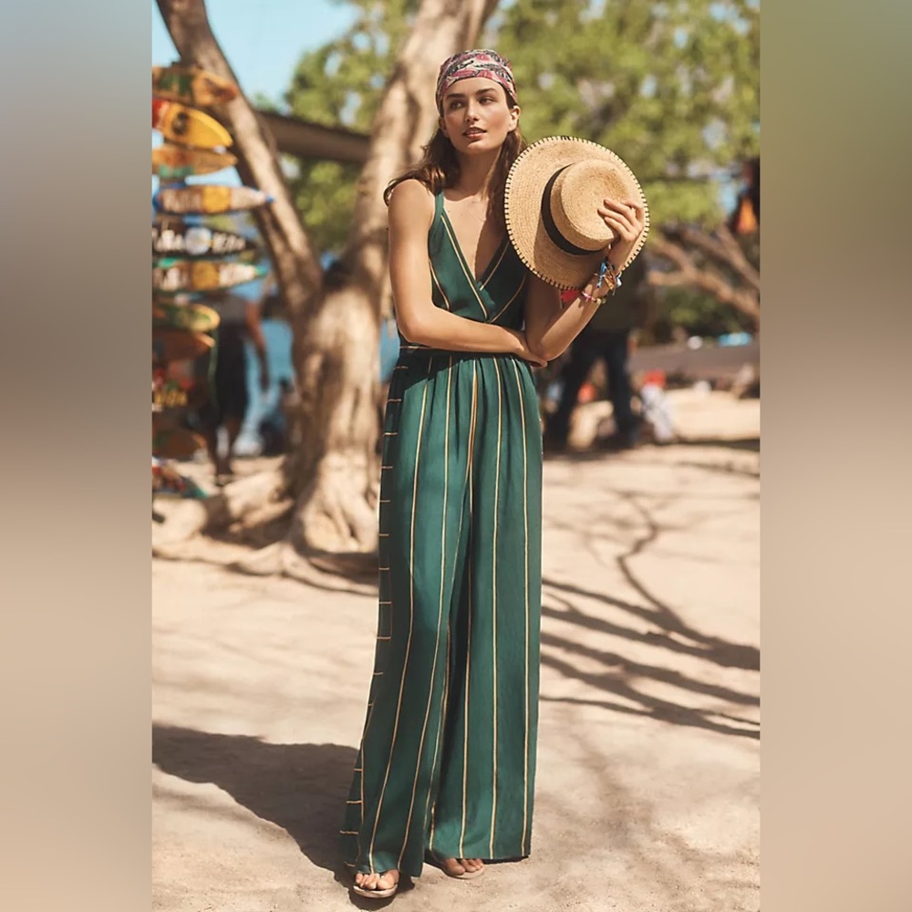 Anthropologie Green Striped V-Neck Wide-Leg Jumpsuit